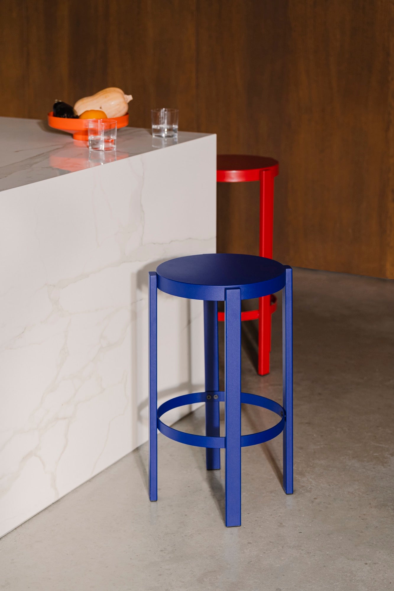 bar-stools indoor living-room red blue bowls dining-room orange stools 