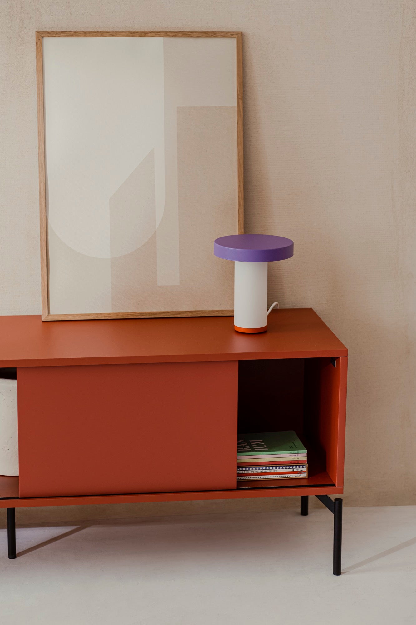 indoor living-room terracotta tv-stands lamps orange violet 