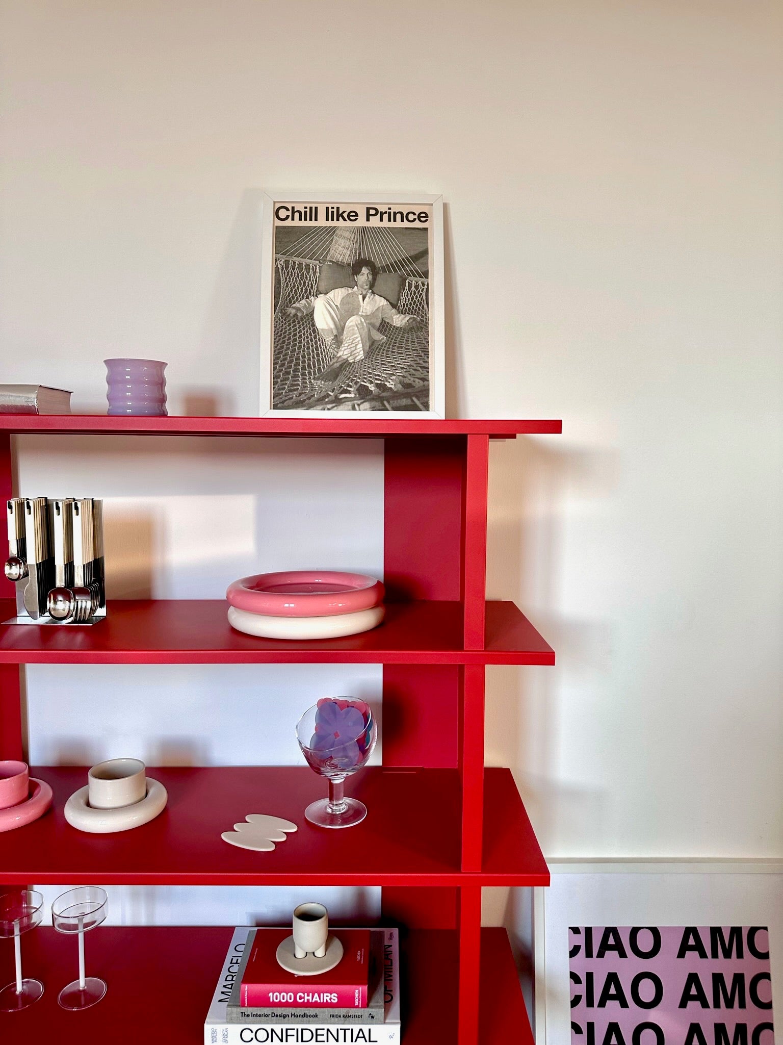 indoor living-room red shelving-units 