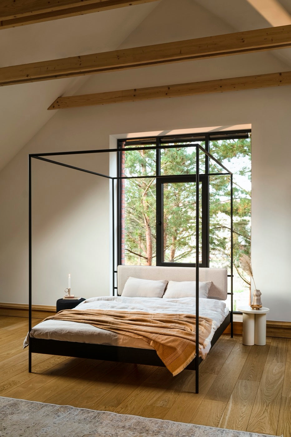bedroom beds beige indoor black nightstands 