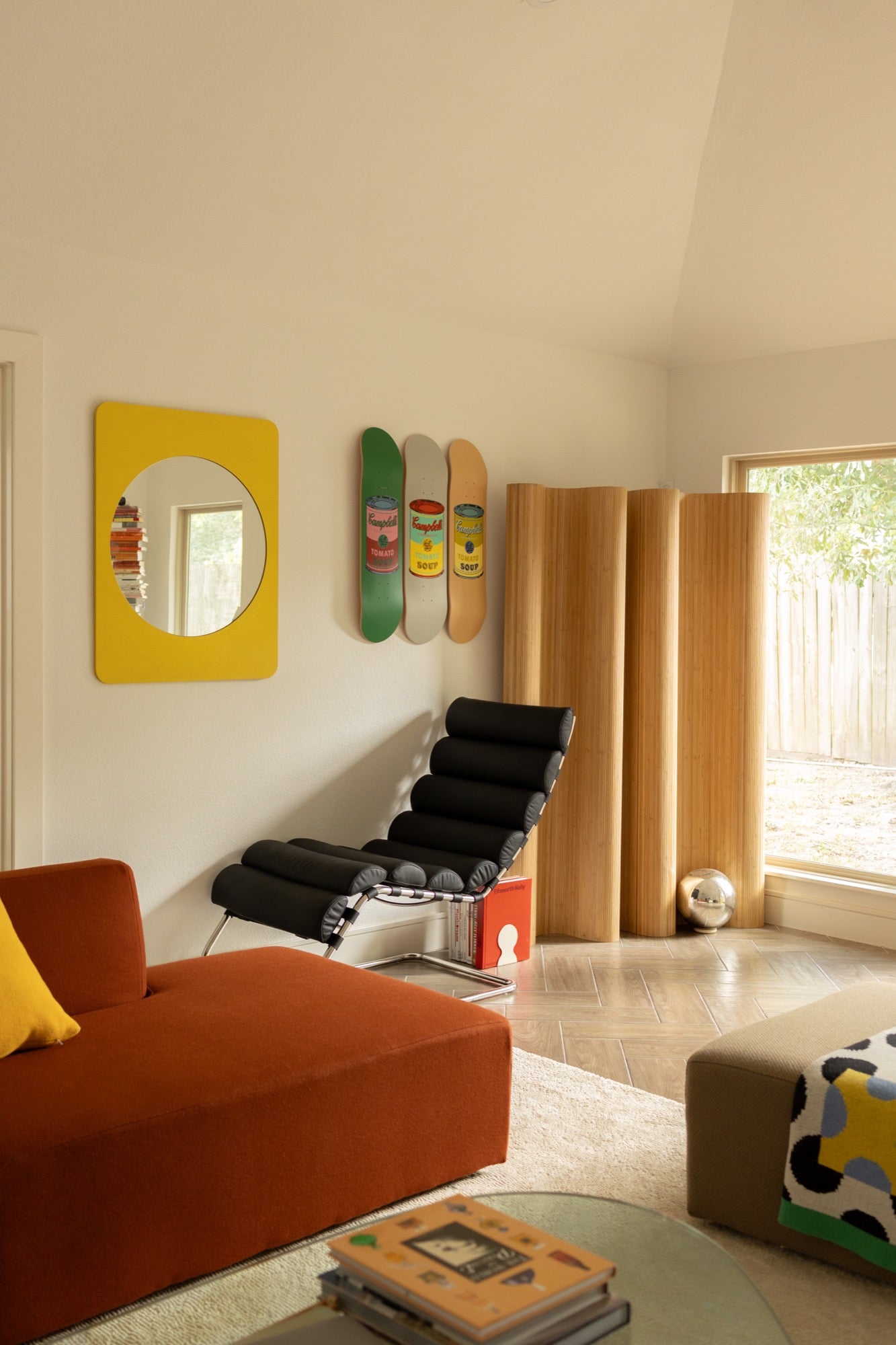 indoor living-room mirrors yellow bookends 