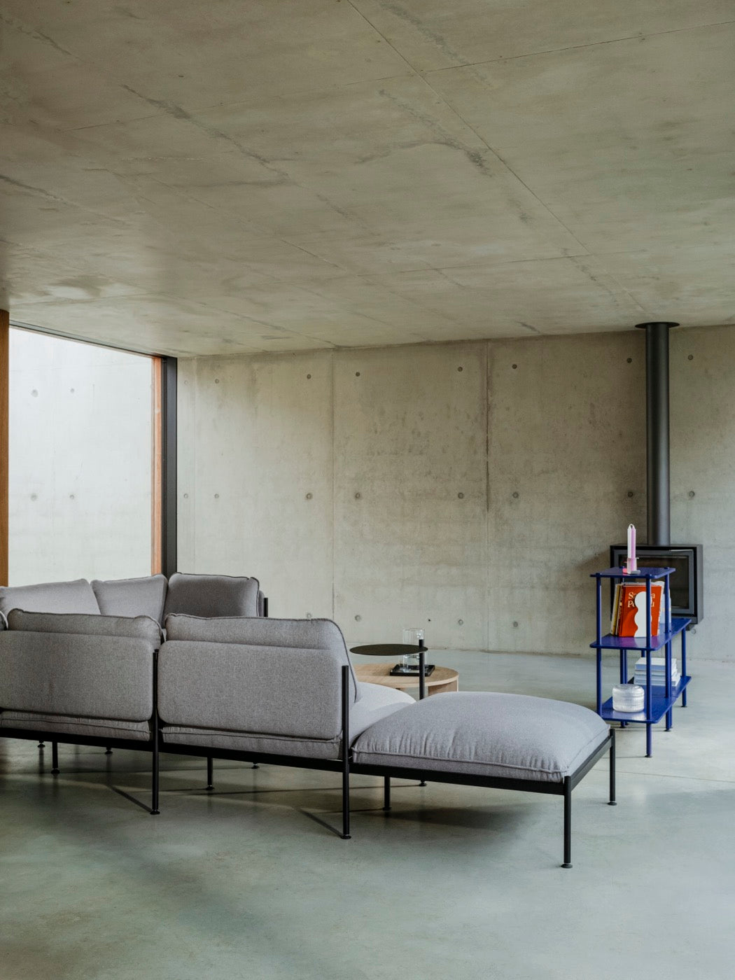 blue coffee-tables indoor light-grey living-room oak sofas shelving-units 