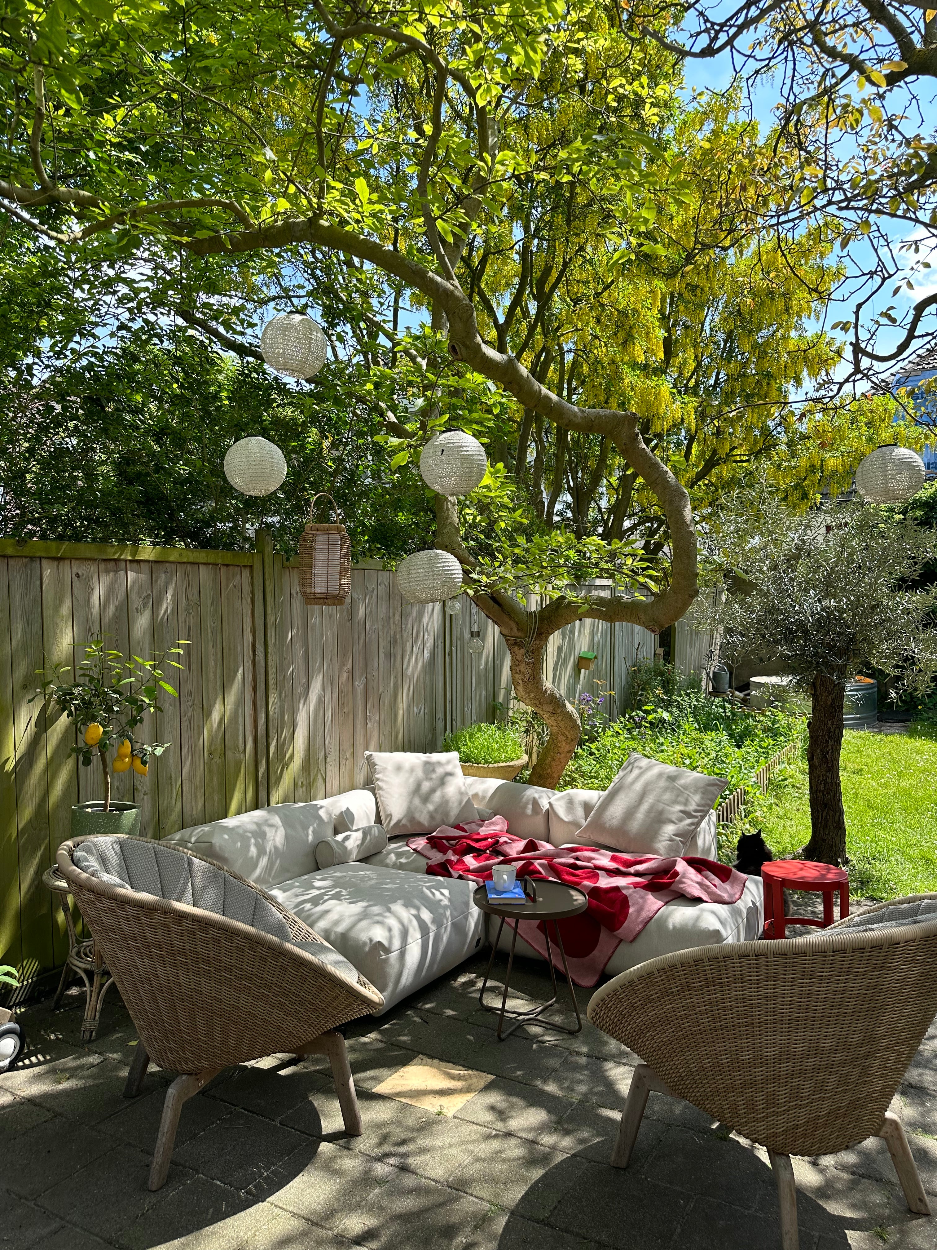balcony-garden outdoor red spring-ideas throws pink stools 