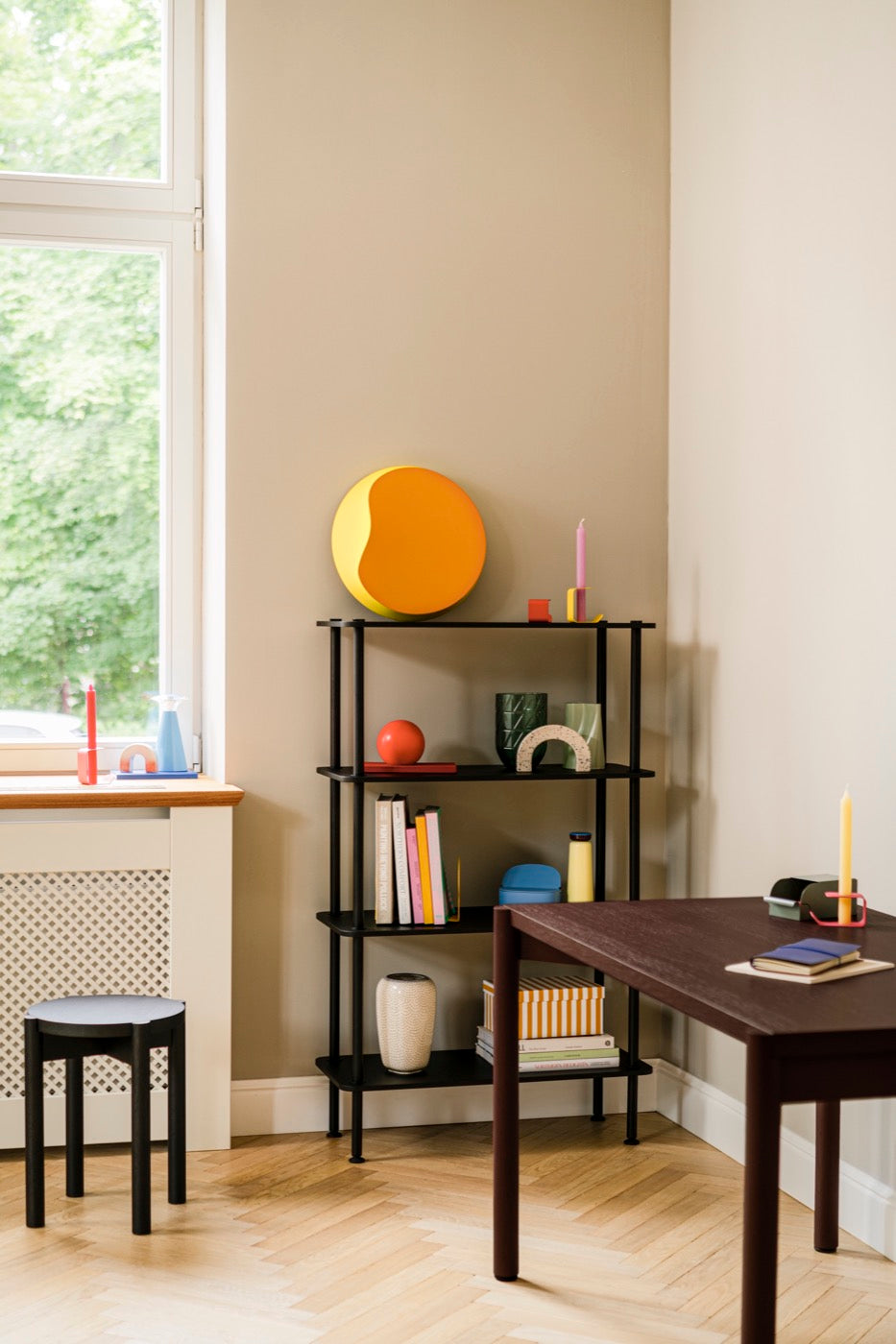 black home-office indoor shelving-units burgundy tables 