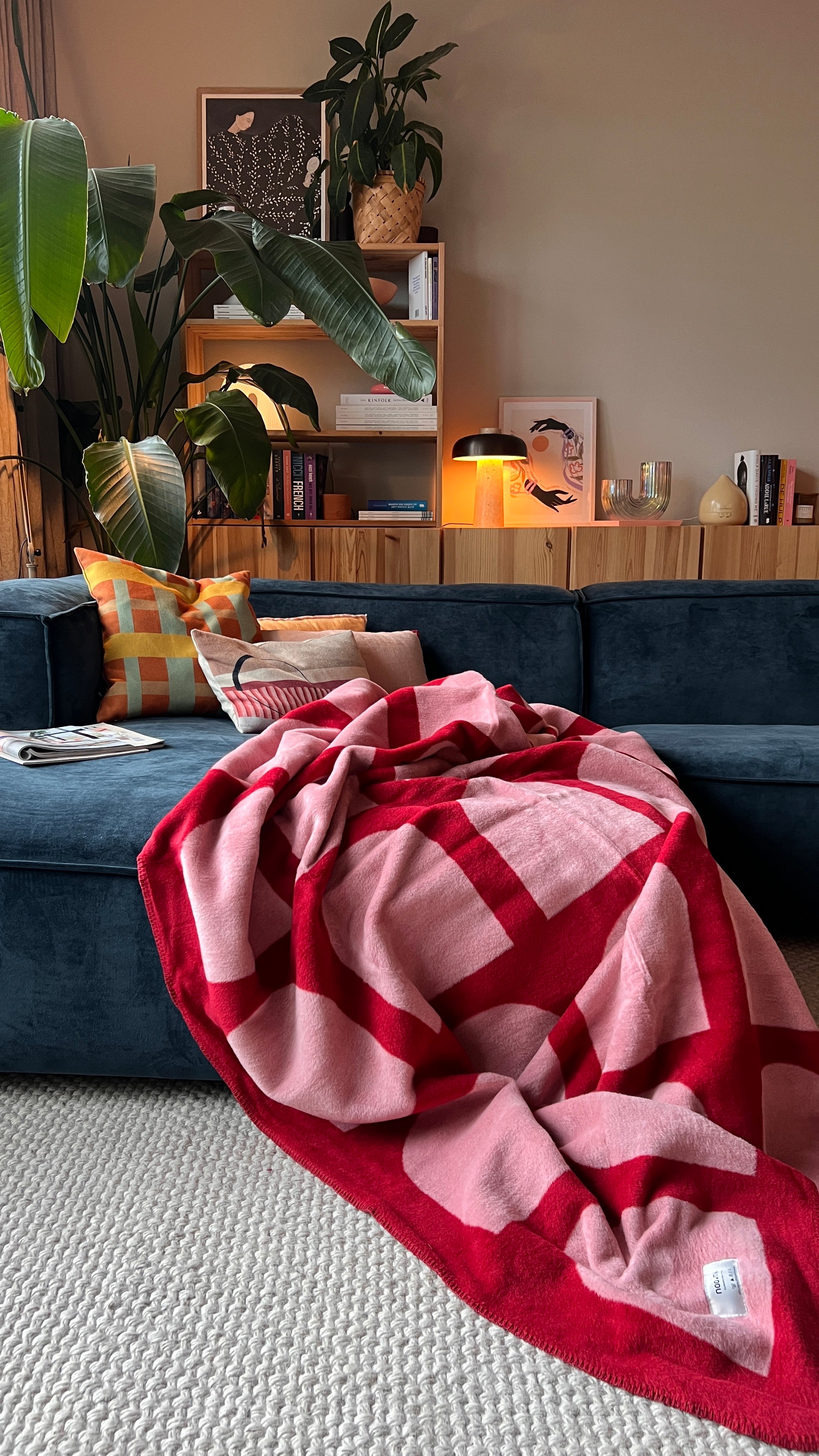 indoor living-room red throws pink 