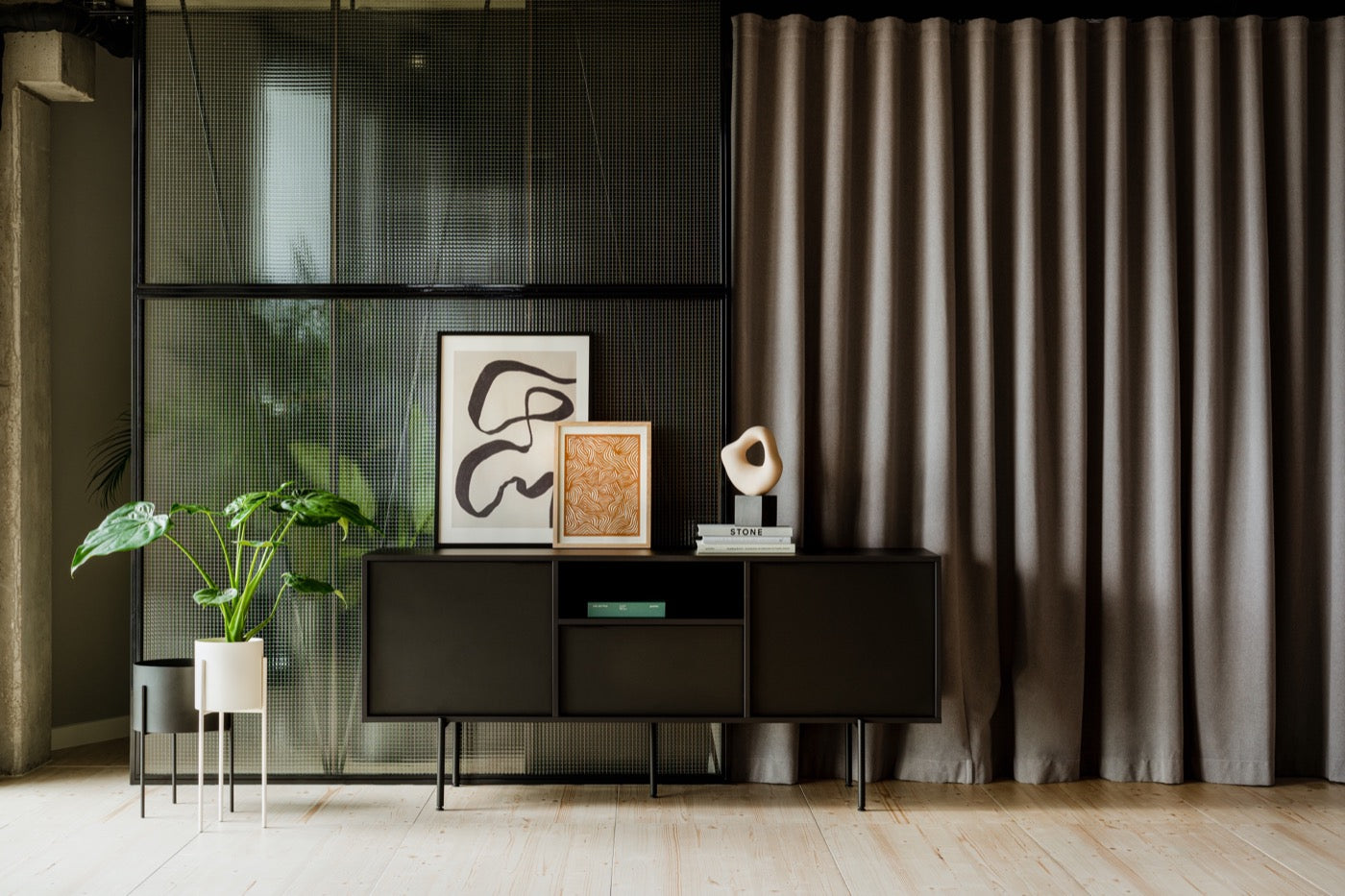black indoor living-room sideboards hallway plant-pots 