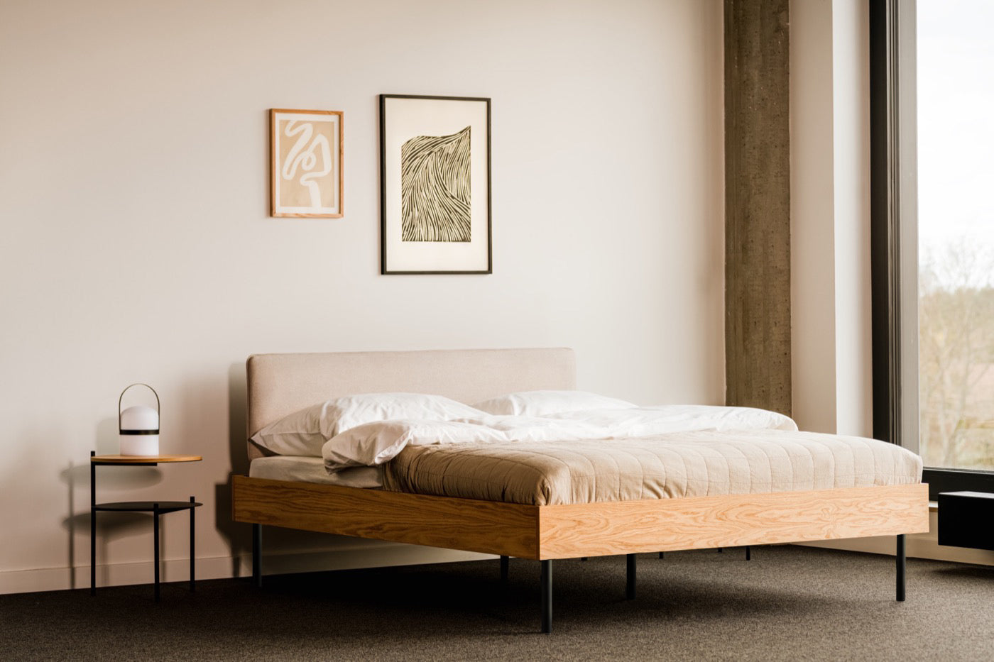 bedroom beds indoor oak beige nightstands 
