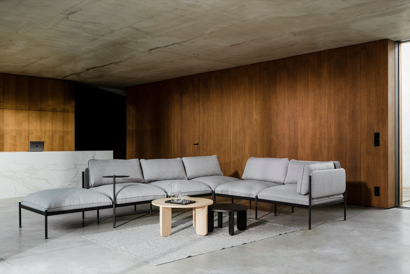 indoor light-grey living-room sofas black coffee-tables oak 
